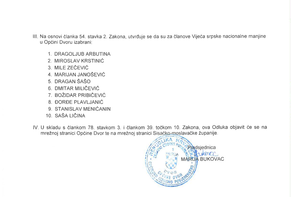 Odluka o konačnim rezultatima izbora članova Vijeća srpske nacionalne manjine u Općini Dvoru 2